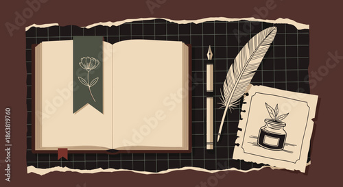Vintage-inspired pixel art flat lay of a writer's desk with an open journal, a floral bookmark, a quill pen, and a separate inkwell sketch.
