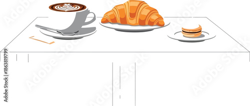 Simple minimalist breakfast arrangement featuring a perfect latte art cappuccino croissant and a delicate macaron pastry ready for enjoyment.