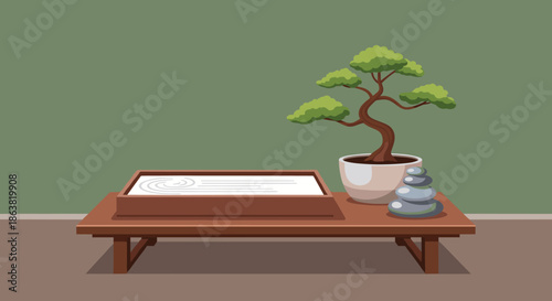Tranquil zen garden scene with a bonsai tree, a miniature sand garden, and stacked stones for meditation and relaxation.
