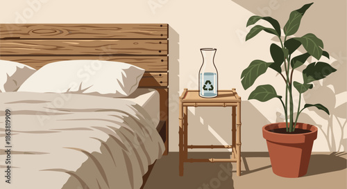 Pixel art illustration of a serene bedroom with a wooden bed, bedside table, and a potted plant in warm morning sunlight.