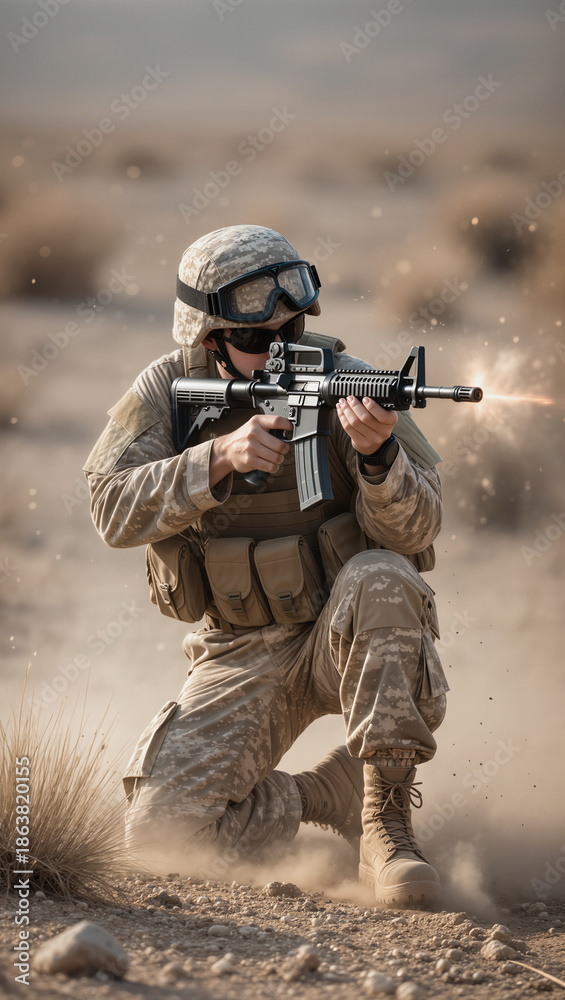 Fototapeta premium Soldier firing rifle in desert.
