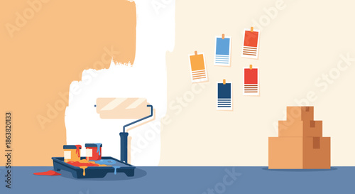 Room renovation scene with a partially painted wall, a paint roller, color swatches, and stacked moving boxes in the corner.