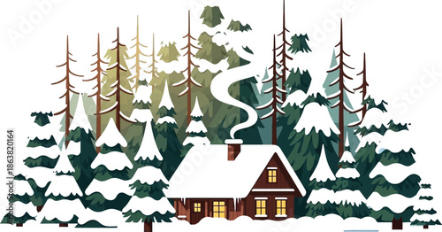 Cozy winter cabin nestled deep within a snowy evergreen forest with smoke gently rising from its chimney on a cold day.