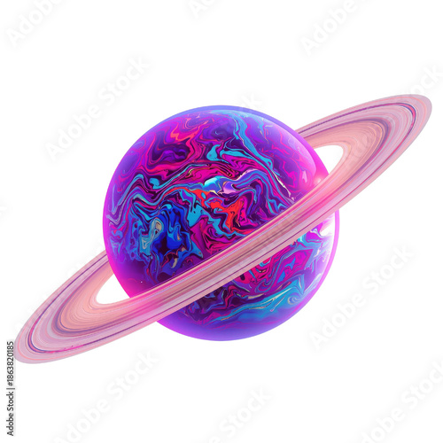 Vibrant ringed celestial body. Science and exploration concept. Colorful planet with rings.