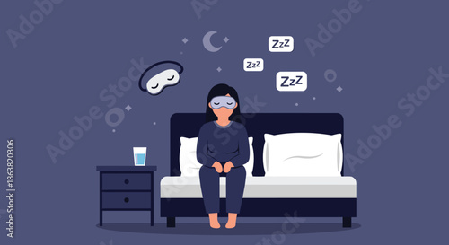 Tired woman with a sleep mask sitting on her bed at night, struggling with insomnia and unable to get restful sleep.