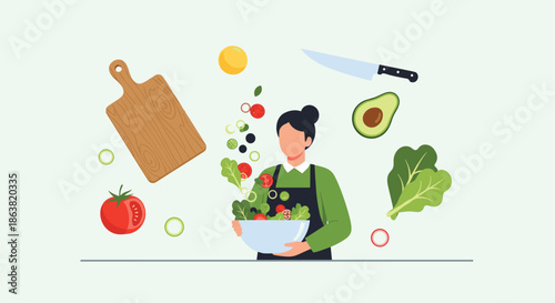 Woman in an apron tossing a fresh, healthy salad with various vegetables flying into the bowl for a dynamic cooking concept.