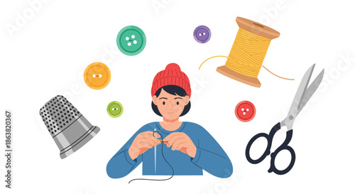 Woman in a beanie threading a needle, surrounded by essential sewing supplies like buttons, thread, scissors, and a thimble.