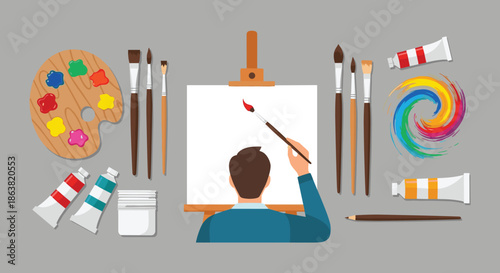 Top-down view of an artist painting on a blank canvas at an easel, surrounded by a variety of brushes, paints, and a palette.