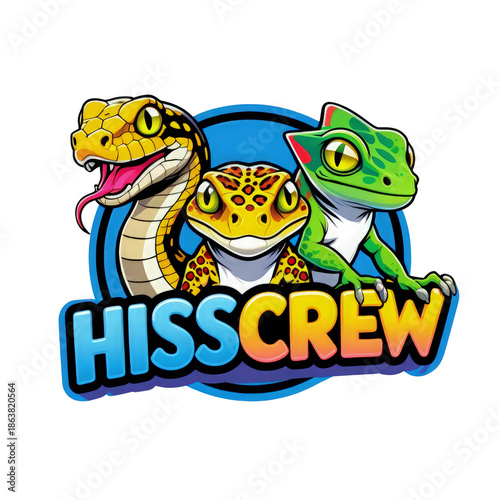 Abstract illustration of lizard and gecko mascot logo with text HISSCREW