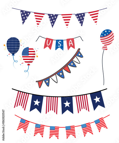 A collection of festive patriotic decorations featuring stars, stripes, balloons, and celebratory banner garlands on transparent background