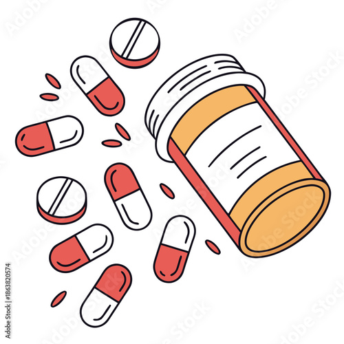 An open orange prescription pill bottle tipped over, with various red-and-white capsules, round tablets (some scored), and small oval pills spilling out onto a white background.
