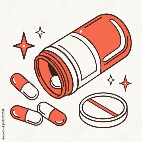 A tipped medicine bottle spills red-and-white capsules, surrounded by whimsical sparkles. The clean, modern illustration uses a limited palette of red, white, and brown, evoking themes of healthcare.