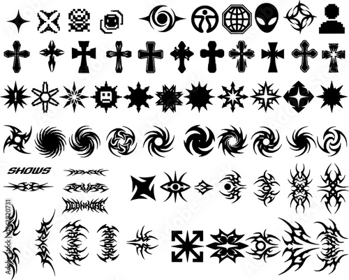 Y2K Acid Graphics and Retro Futurist Tribal Shape Vector Set