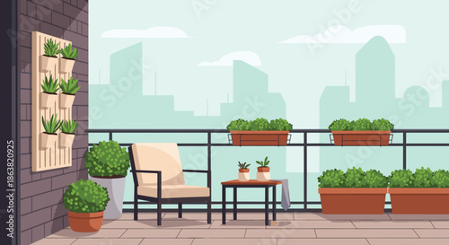 Cozy city apartment balcony garden with comfortable seating, numerous potted plants, and a view of the urban skyline in the back.