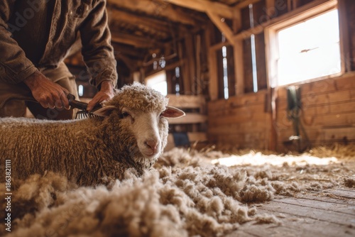 Farmer shearing sheep for wool in old barn