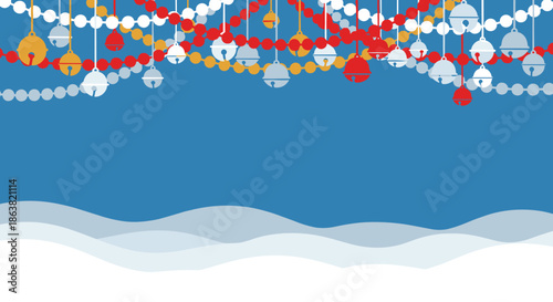 Cheerful Christmas background with colorful hanging jingle bell garlands above abstract snowy hills, leaving ample copy space.