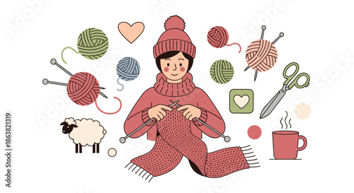 Cozy illustration of a woman knitting a scarf, surrounded by yarn, needles, a sheep, and a warm drink for a hobby concept.