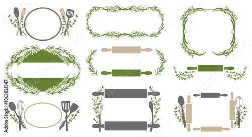 Collection of rustic culinary frames and borders decorated with kitchen utensils and fresh herbs like rosemary for recipe cards.
