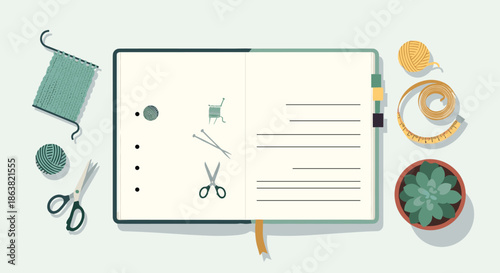 Flat lay illustration of a knitting project journal with yarn, needles, scissors, and a succulent plant on a clean background.