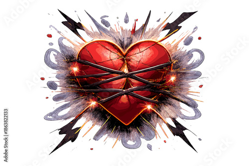 Broken Heart with Barbed Wire and Explosive Emotional Energy