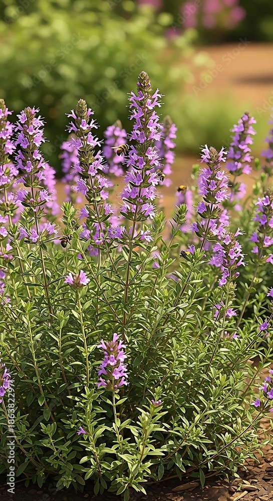 Naklejka premium Tall spikes of lavender purple blossoms emerge from a dense green perennial shrub attracting pollinating insects
