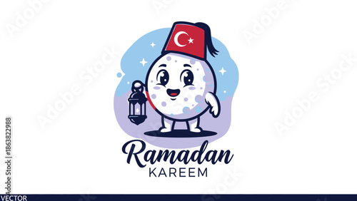 Ramadan Kareem cartoon moon character with Turkish fez hat and lantern