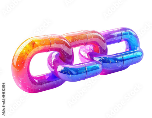 A vibrant, glossy chain links rendered with colorful gradients on black
