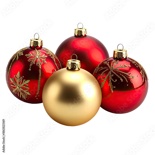 Four colorful Christmas ornaments, two red, one gold, and two with designs