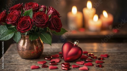 Luxurious Roses and Glitter Hearts with Dreamy Bokeh Background. marriage life, married couple.