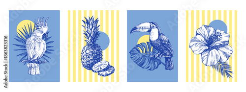 Vintage tropical exotic banner set. Parrot, toucan, tropical leaves, hibiscus. Coffee, restaurant, food packaging, event decor poster concept. Hand drawn sketch vector illustration.