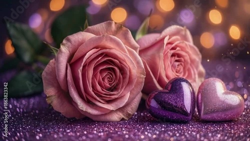 Luxurious Roses and Glitter Hearts with Dreamy Bokeh Background. marriage life, married couple.