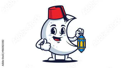 Crescent moon character with lantern and fez hat