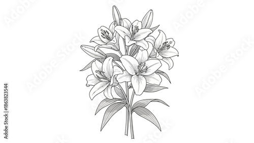 Detailed Hand Drawn Illustration of Lilies.