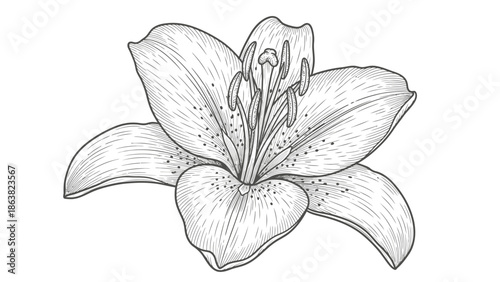 Detailed Hand Drawn Lily Flower Illustration.