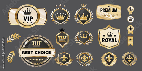 Collection of golden badges labels and emblems with royal and premium themes