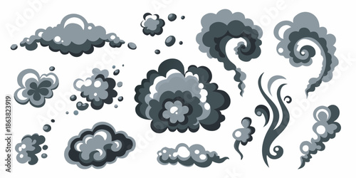 Stylized collection of gray smoke puffs and swirling cloud shapes