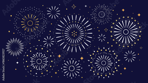 Celebratory fireworks display with sparkling gold and white bursts on dark blue
