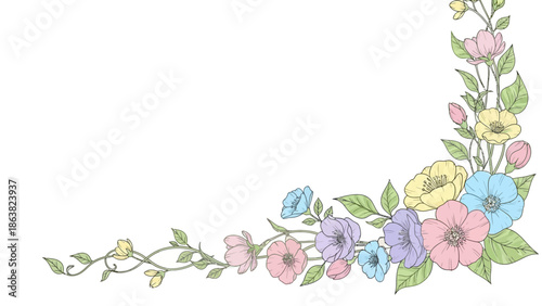 Colorful Flowers and Leaves Illustration Corner.