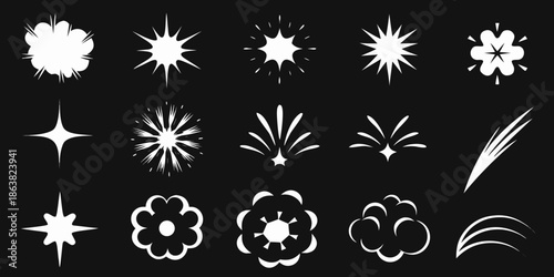 Collection of white starbursts sparkles and explosion effects on black background