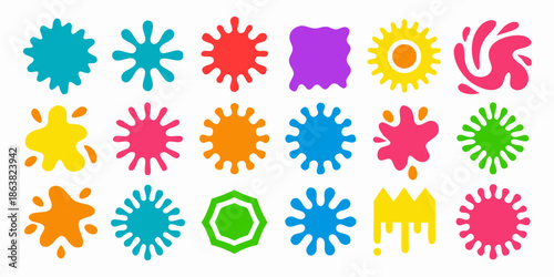 Colorful splash collection vibrant paint blots and abstract shapes on white background