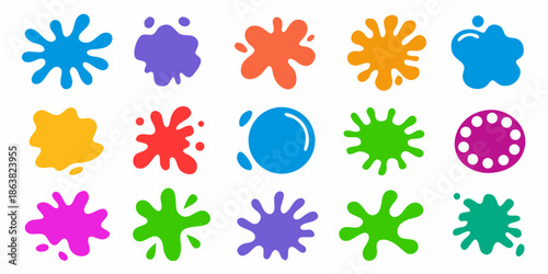 Colorful paint splatters and blobs in various shapes and vibrant hues displayed