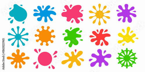 Colorful splash designs arranged in a grid pattern against a white background