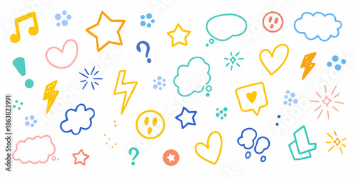 Colorful doodles and whimsical shapes scattered across a bright white background