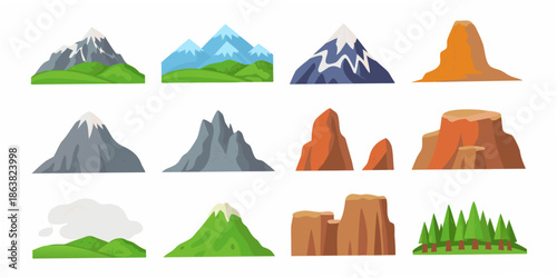 Colorful cartoon mountains rock formations and green hills landscape set