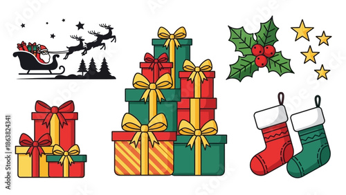 Christmas Presents Gifts Boxes Stockings Holly.