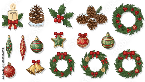 Christmas ornaments and decorations set on white.