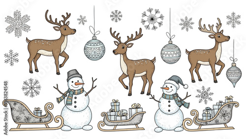 Christmas Deer Snowmen Ornaments Illustration.