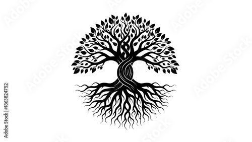 Black Tree Silhouette with Roots and Leaves.