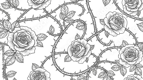 Black and White Roses with Thorns Illustration.