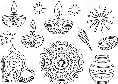 A collection of hand drawn diwali lamps decorations and festive elements